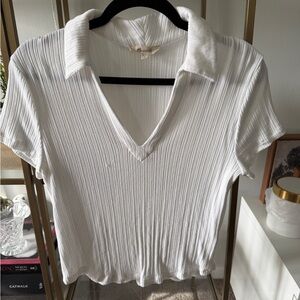 Madewell White Ribbed V-Neck Polo Tee